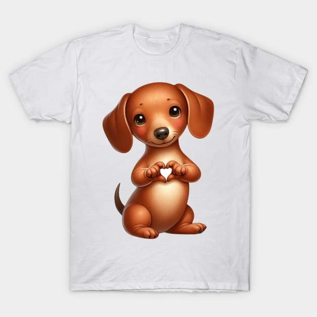 Valentine Dachshund Dog Giving Heart Hand Sign T-Shirt by Chromatic Fusion Studio